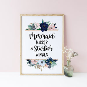 Mermaid Kisses, Starfish Wishes Floral Nursery Quote Wall Print, Under the Sea Mermaid theme Girls Bedroom Print, Baby Girl Wall Prints
