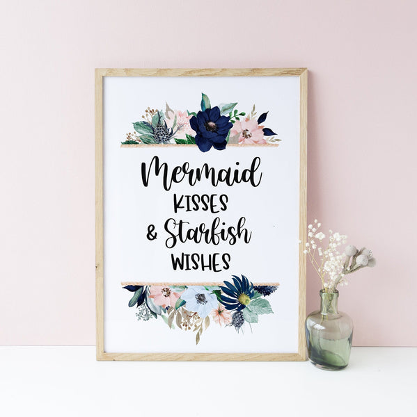 Mermaid Kisses, Starfish Wishes Print Set, Baby Girl Mermaid Nursery Prints, Girls Bedroom Decor, Under the Sea Nautical Floral
