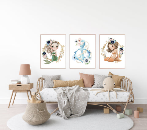 Under the Sea Mermaid Print Set, Baby Girl Mermaid Nursery Prints, Girls Bedroom Decor, Nautical Floral Anchor