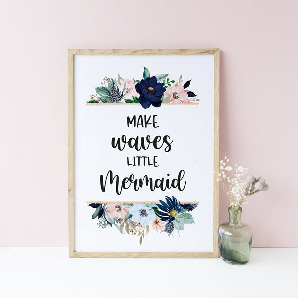 Make Waves Little Mermaid Print Set, Baby Girl Mermaid Nursery Prints, Girls Bedroom Decor, Under the Sea Nautical Floral