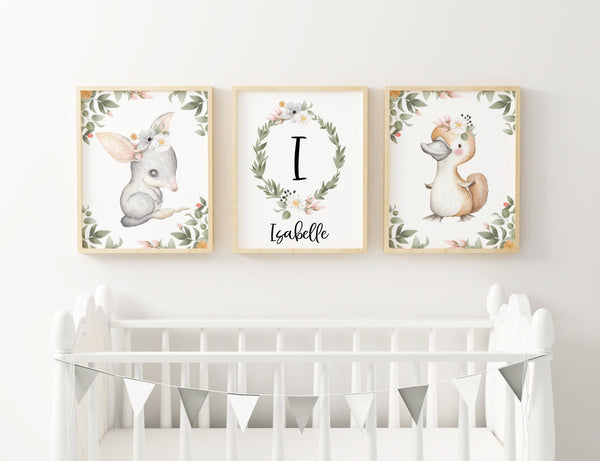 Custom Personalised Name Australian Animal Print Set, Soft Floral Bilby Platypus Baby Nursery Decor Baby Girl Wall Art, Set of 3