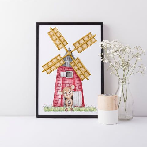 Farm Yard Windmill Nursery Print, Farm Animal Wall Art, Neutral Wall Print Baby Nursery Decor
