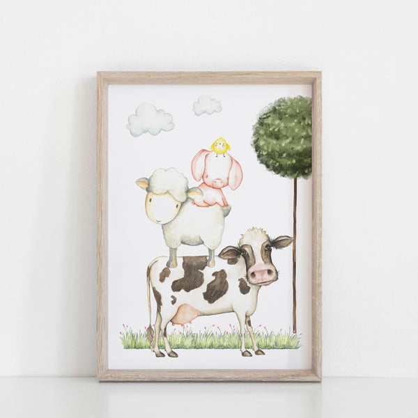 Farm Yard Animals Nursery Print, Cow, Sheep, Pig, Chicken Stacked Farm Animal Wall Art, Neutral Wall Print Baby Nursery Decor