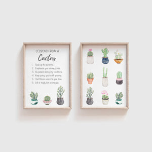 Set of 2 Watercolour Cactus Prints - Plant Art Prints with Motivational Quotes - Cacti in Pots Wall Art