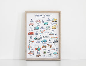 Alphabet Wall Print, Educational Kids Bedroom Wall Art, Transport Theme, Nursery Art, Kids Bedroom Decor, Planes Trains and Automobiles