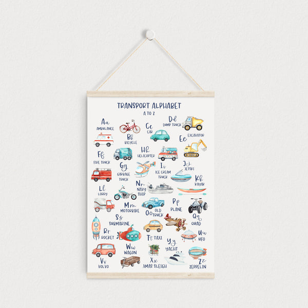 Alphabet Wall Print, Educational Kids Bedroom Wall Art, Transport Theme, Nursery Art, Kids Bedroom Decor, Planes Trains and Automobiles