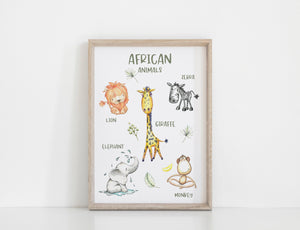 African Animal Educational Wall Print, Kids Bedroom Wall Art, Nursery Art, Kids Bedroom Decor, Lion, Giraffe, Monkey, Elephant