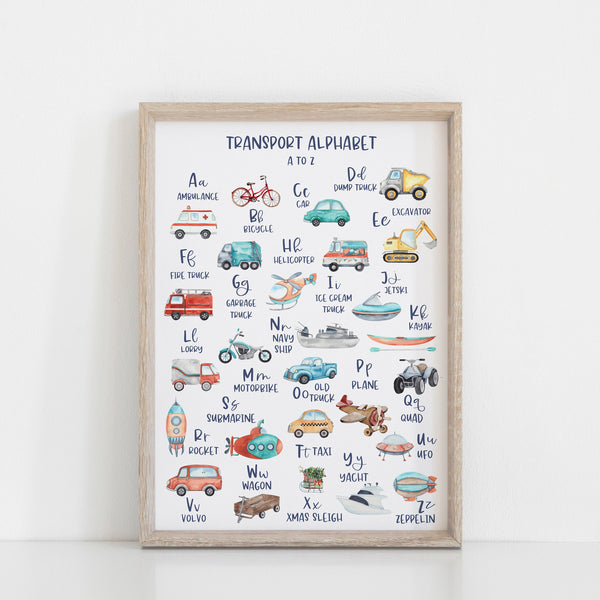 Alphabet  & Numbers Wall Print Set, Educational Kids Bedroom Wall Art, Transport Theme, Nursery Art, Kids Bedroom Decor, Planes Trains Cars