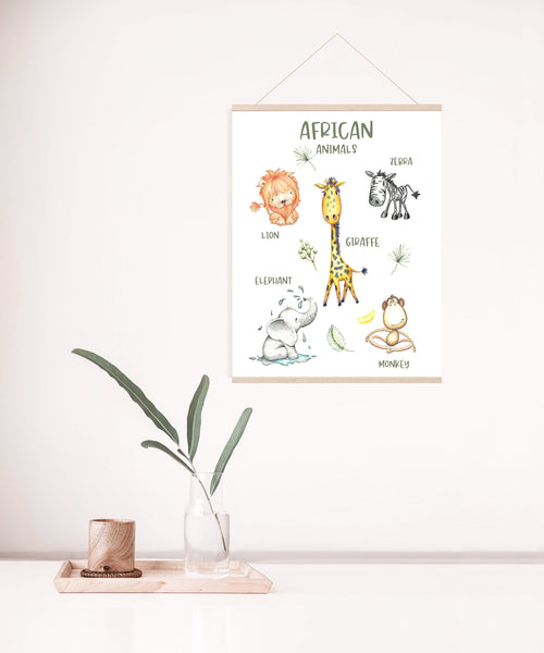 African Animal Educational Wall Print, Kids Bedroom Wall Art, Nursery Art, Kids Bedroom Decor, Lion, Giraffe, Monkey, Elephant