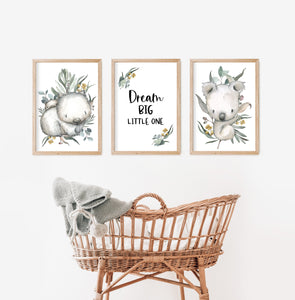 Australiana Dream Big Little One Nursery Art Decor, Set of 3, Wombat, Koala Australian Animal Print Baby Nursery Art A3, A4 or A5