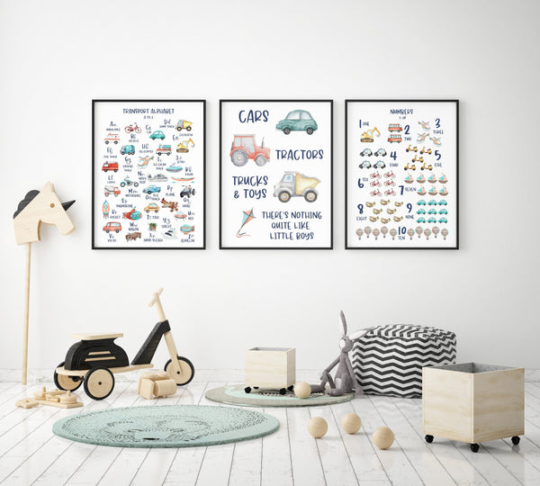 Alphabet  & Numbers Wall Print Set, Educational Kids Bedroom Wall Art, Transport Theme, Nursery Art, Kids Bedroom Decor, Planes Trains Cars