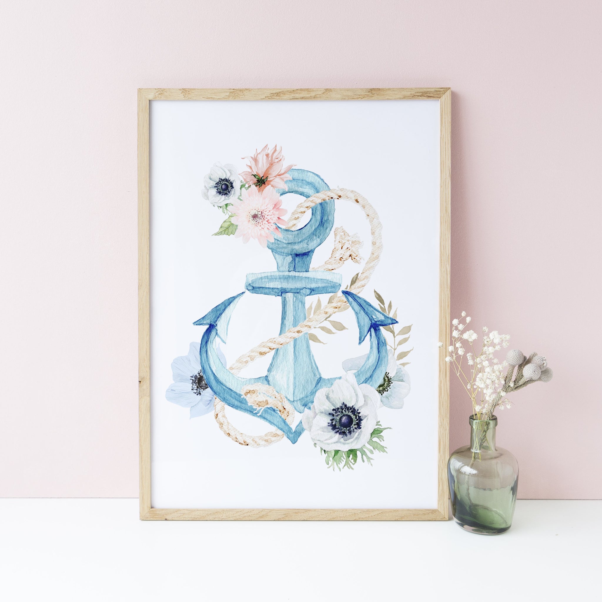 Nautical Floral Anchor Girls Bedroom Print, Under the Sea Wall Decor, Baby Girl Nursery Print