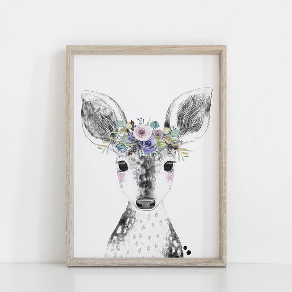 Purple Floral Woodland Deer Girl's Nursery/Bedroom Wall Art Decor