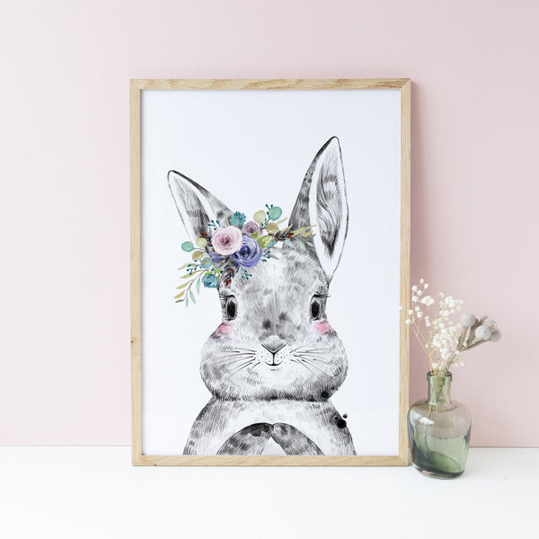 Purple Floral Woodland Print Wall Art Set of 3, Rabbit Deer Mouse Wall Art, Girl's Nursery/Bedroom Wall Art Decor