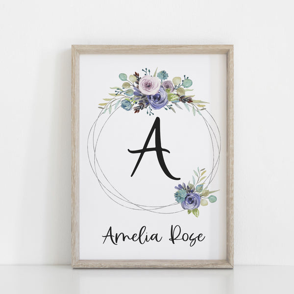 Purple Floral Personalised Wall Print, Girls Bedroom Decor, Custom Name Print, Baby Girl Nursery Print