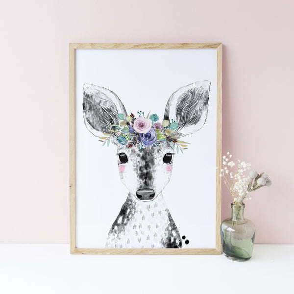 Purple Floral Woodland Print Wall Art Set of 3, Rabbit Deer Mouse Wall Art, Girl's Nursery/Bedroom Wall Art Decor