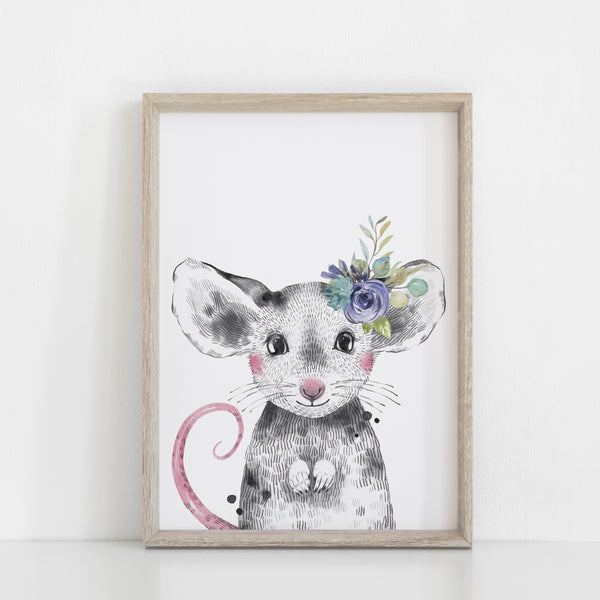 Purple Floral Woodland Mouse Girl's Nursery/Bedroom Wall Art Decor