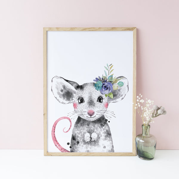 Purple Floral Woodland Print Wall Art Set of 3, Rabbit Deer Mouse Wall Art, Girl's Nursery/Bedroom Wall Art Decor