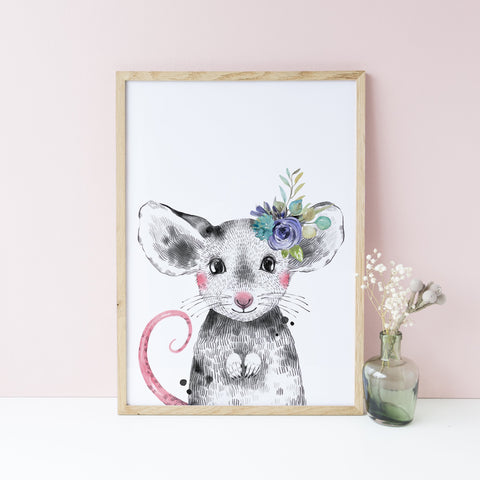 Purple Floral Woodland Mouse Girl's Nursery/Bedroom Wall Art Decor