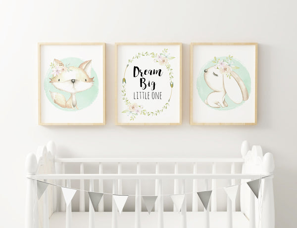 Boho Soft Floral Fox & Rabbit "Dream Big Little One" Print Set of 3