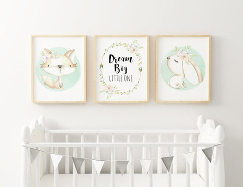 Boho Soft Floral Fox & Rabbit "Dream Big Little One" Print Set of 3