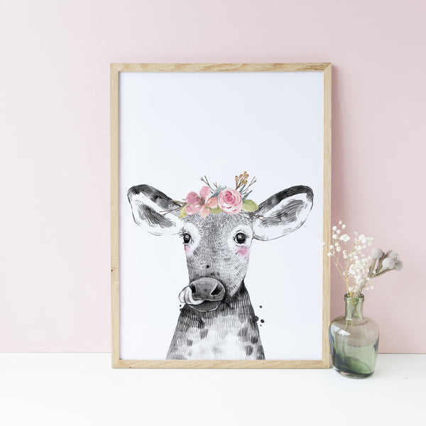 Farm Animal Calf Wall Art Print, Girls Nursery Bedroom Decoration