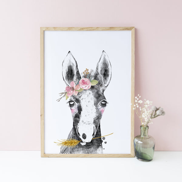 Farm Animal Horse Wall Art Print, Girls Nursery Bedroom Decoration