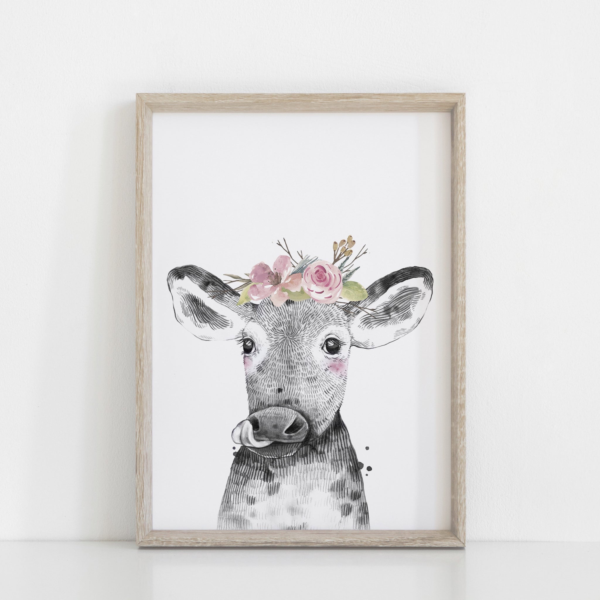 Farm Animal Calf Wall Art Print, Girls Nursery Bedroom Decoration