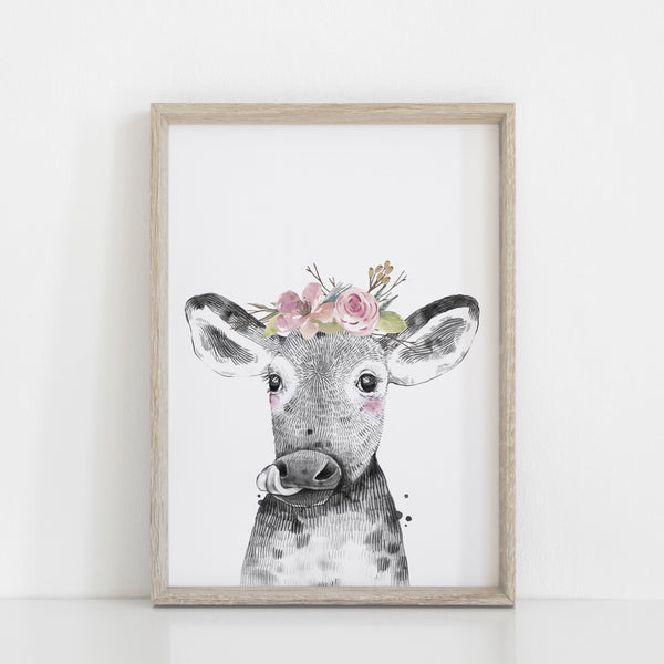 Farm Animal Calf Wall Art Print, Girls Nursery Bedroom Decoration