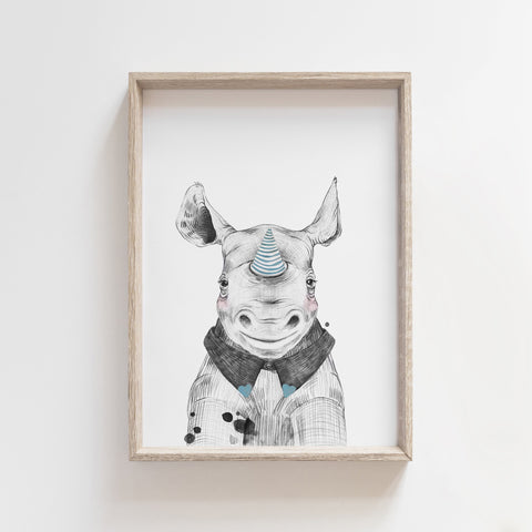 Boys Safari Zoo Animal Rhino with bowtie Nursery Art Decor, Kids Bedroom Nursery Decor