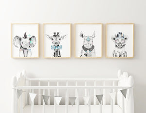 Boys Safari Zoo Animals Nursery Art Decor, Set of 4, Elephant, Giraffe, Rhino, Lion, Baby Nursery Print