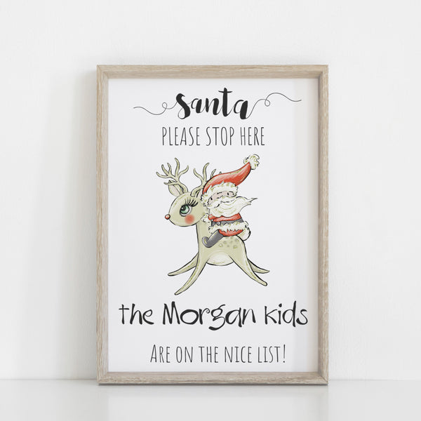 Santa Stop Here Personalised Children's Christmas Print I Santa & Reindeer I Christmas Decor I Children's Print