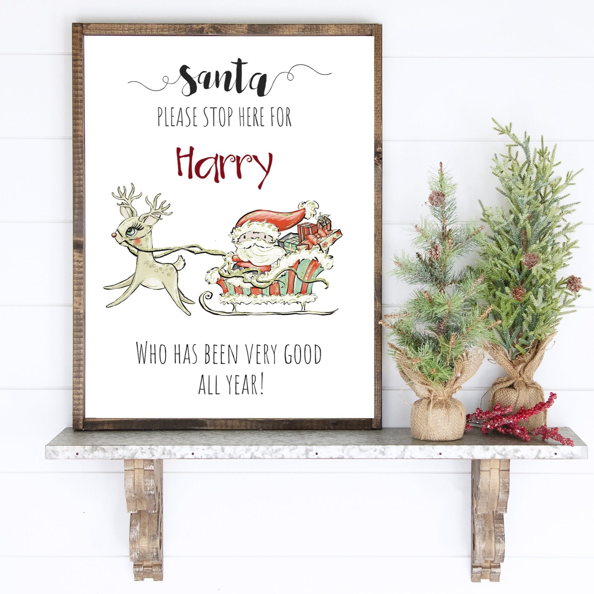 Santa Stop Here Personalised Children's Christmas Print I Santa and Sleigh I Christmas Decor I Children's Print