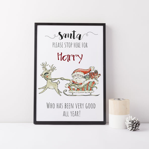 Santa Stop Here Personalised Children's Christmas Print I Santa and Sleigh I Christmas Decor I Children's Print