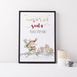 Santa Stop Here Christmas Print I Santa and Reindeer I Christmas Decor I Children's Print