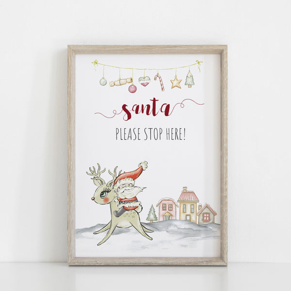 Santa Stop Here Christmas Print I Santa and Reindeer I Christmas Decor I Children's Print