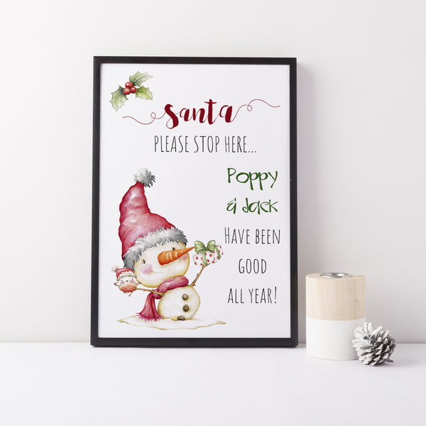 Santa Stop Here Personalised Children's Christmas Print I Snowman I Christmas Decor I Children's Print